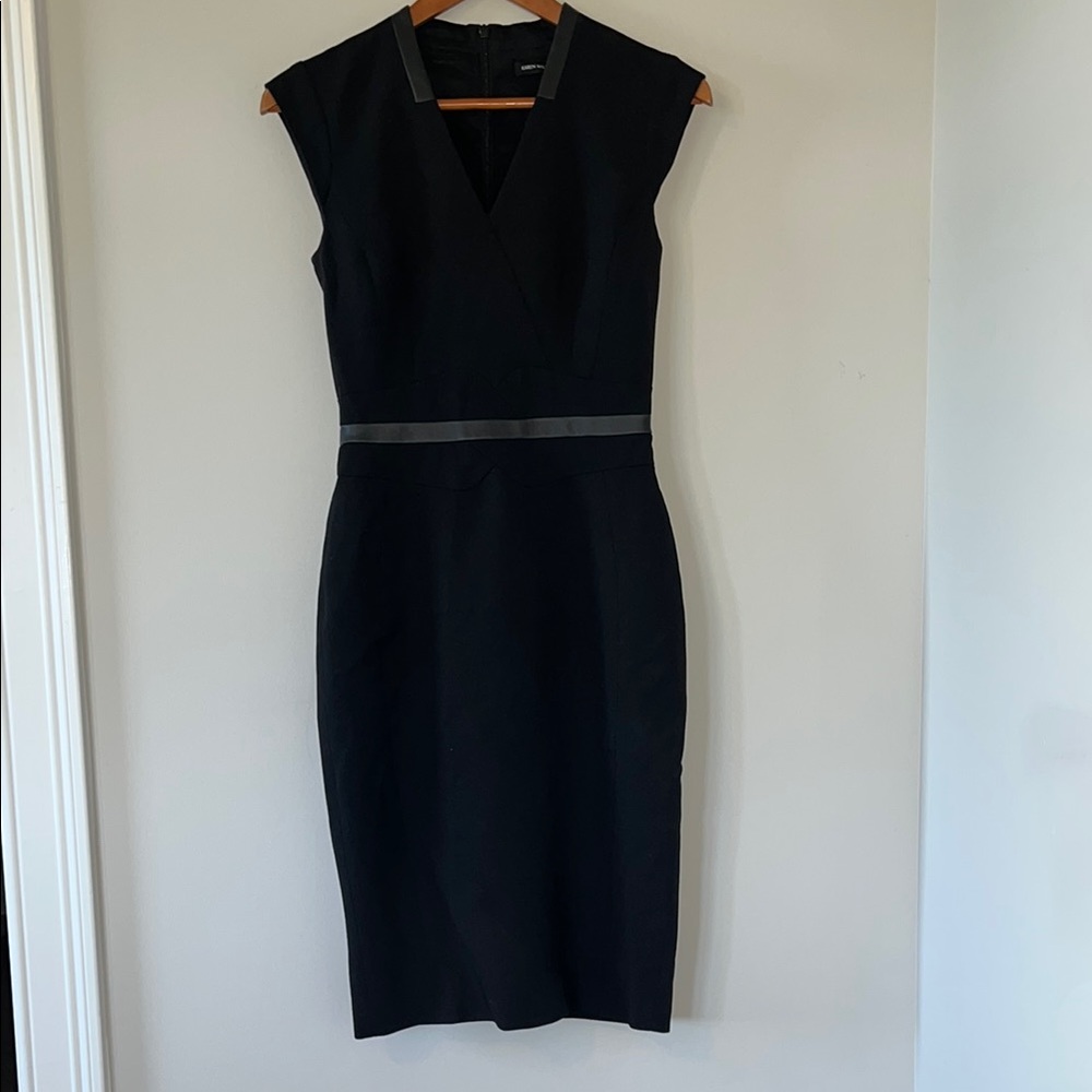 Karen Millen Black Sheath Midi Dress V-Neck Cap Sleeve